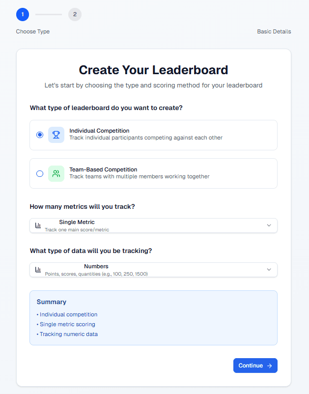 Leaderboard creation modal interface
