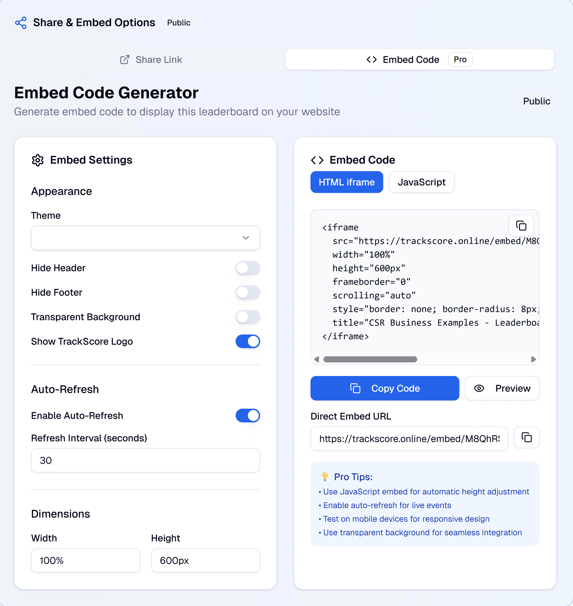 Embed code generator interface in TrackScore dashboard showing customization options and live preview