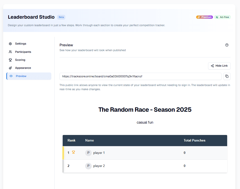 Leaderboard sharing and preview interface