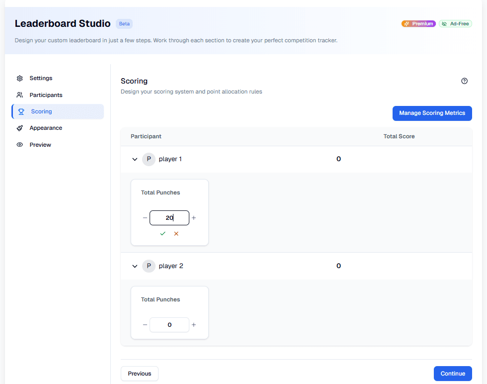 Score entry interface for managing leaderboard scores