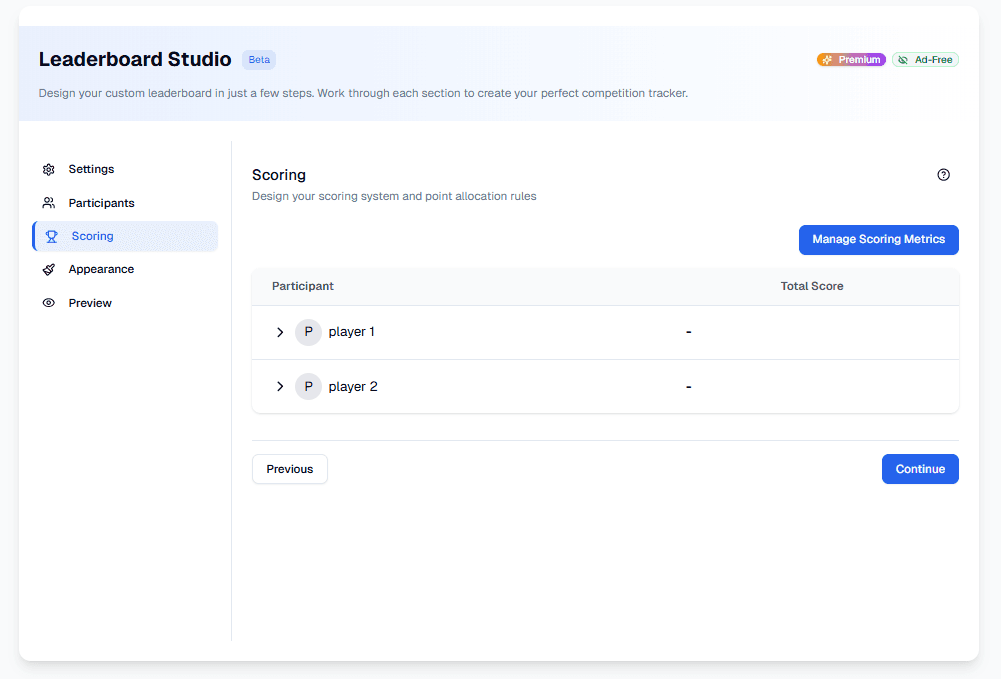Leaderboard scoring settings configuration